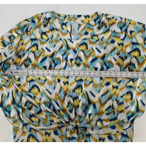 Chicos Ikat Print‎ Satin Poncho Lightweight Tie Front Blouse Sz 1.5 Boho Artsy - Picture 8 of 11